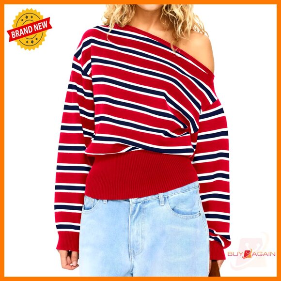 Y2K Vintage Striped Asymmetrical Off Shoulder Sweater Oversized Pullover Boho